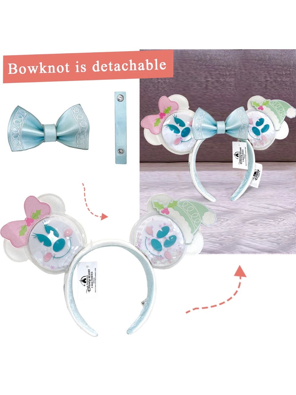 Disney Parks Snowman Mickey & Minnie Mouse Pastel Ear Loungefly Headband US - Picture 3 of 3